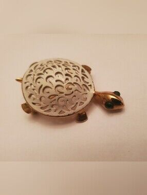 Gold Turtle Brooch with White Filigree Shell and Green Eyes